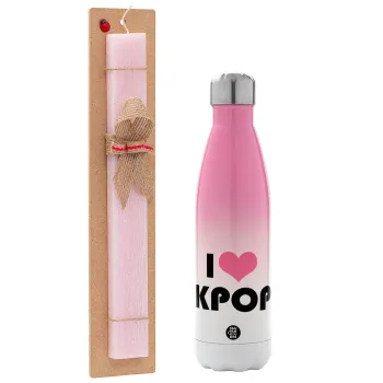I Love KPOP, Easter Set, Metallic pink/white (Stainless steel) thermos, double-walled, 500ml & aromatic flat Easter candle (30cm) (PINK)