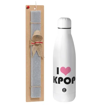 I Love KPOP, Easter Set, metallic stainless thermos bottle (500ml) & scented flat Easter candle (30cm) (GRAY)