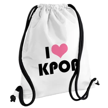 I Love KPOP, Backpack pouch GYMBAG white, with pocket (40x48cm) & thick cords