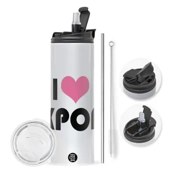 I Love KPOP, Travel Tumbler 2 Lids, with metal straw & cleaning brush (Stainless steel 304 Food grade, BPA free, 600ml)