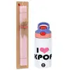 Easter Set, Children's thermal stainless steel water bottle with safety straw, pink/purple (350ml) & Easter scented flat candle (30cm) (PINK)