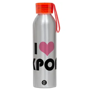 I Love KPOP, Αλουμινένιο Αθλητικό Μπουκάλι 650ml – Ασημί με Κόκκινο Καπάκι και Λουράκι Σιλικόνης