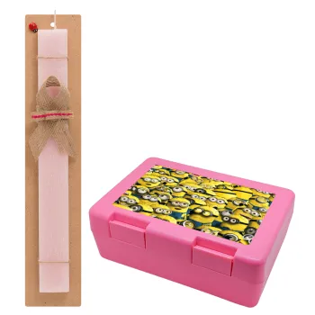 All the minions, Easter Set, children's snack container PINK & scented flat Easter candle (30cm) (PINK)