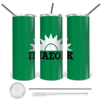 ΠΑΣΟΚ green, Tumbler ποτήρι θερμό από ανοξείδωτο ατσάλι 600ml, με μεταλλικό καλαμάκι & βούρτσα καθαρισμού