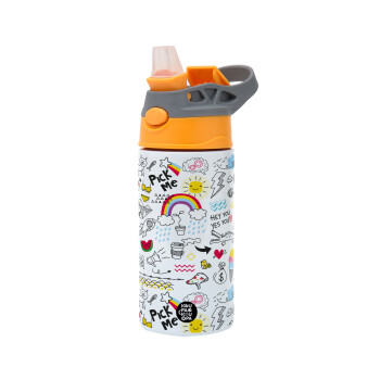 Doodle kids, Children's hot water bottle, stainless steel, with safety straw, Orange/Grey (360ml) BPA-FREE