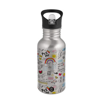 Doodle kids, Water bottle Silver with straw, stainless steel 500ml