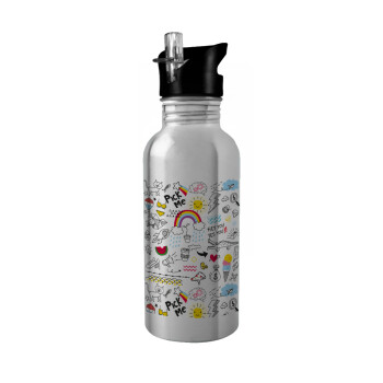 Doodle kids, Water bottle Silver with straw, stainless steel 600ml