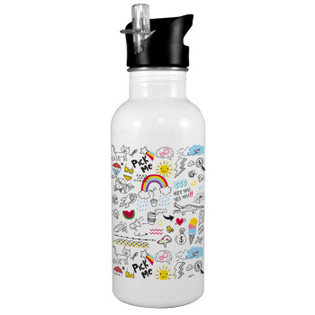 Doodle kids, White water bottle with straw, stainless steel 600ml