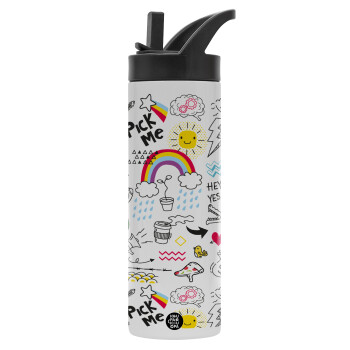 Doodle kids, Metallic thermos bottle with straw & handle, stainless steel (Stainless steel 304), double-walled, 600ml.