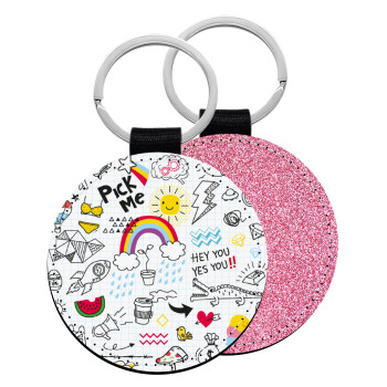 Doodle kids, Μπρελόκ Δερματίνη, στρογγυλό ΡΟΖ (5cm)