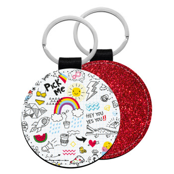 Doodle kids, Μπρελόκ Δερματίνη, στρογγυλό ΚΟΚΚΙΝΟ (5cm)