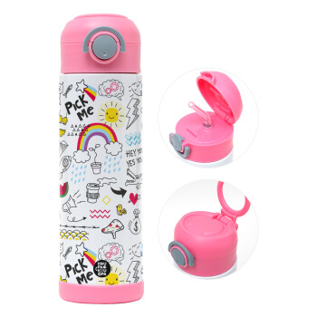 Doodle kids, Children's hot water bottle, stainless steel, with safety straw, PINK (500ml)
