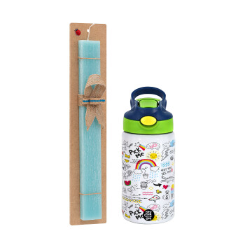 Doodle kids, Easter Set, Children's thermal stainless steel bottle with safety straw, green/blue (350ml) & aromatic flat Easter candle (30cm) (TURQUOISE)