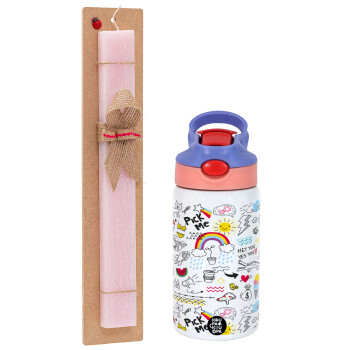 Doodle kids, Πασχαλινό Σετ, Παιδικό παγούρι θερμό, ανοξείδωτο, με καλαμάκι ασφαλείας, ροζ/μωβ (350ml) & πασχαλινή λαμπάδα αρωματική πλακέ (30cm) (ΡΟΖ)