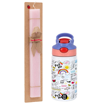 Doodle kids, Easter Set, Children's thermal stainless steel water bottle with safety straw, pink/purple (350ml) & Easter scented flat candle (30cm) (PINK)