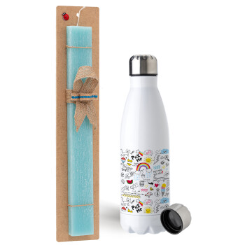 Doodle kids, Easter Set, metallic stainless steel water bottle (750ml) & aromatic flat Easter candle (30cm) (TURQUOISE)