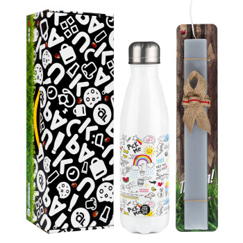 Doodle kids, Easter candle, metallic white thermos bottle (500ml) & aromatic flat candle (30cm) (GRAY)