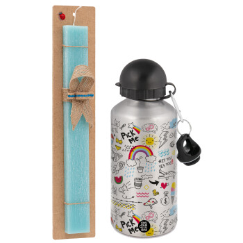 Doodle kids, Easter Set, metallic silver aluminum water bottle (500ml) & scented flat Easter candle (30cm) (TURQUOISE)