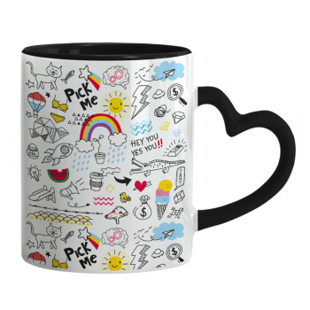 Doodle kids, Mug heart black handle, ceramic, 330ml