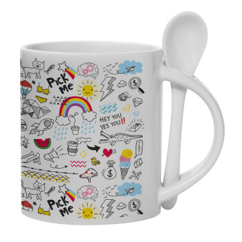 Doodle kids, Ceramic coffee mug with Spoon, 330ml (1pcs)