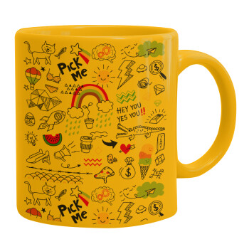 Doodle kids, Ceramic coffee mug yellow, 330ml (1pcs)