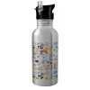Water bottle Silver with straw, stainless steel 600ml