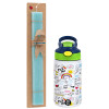 Easter Set, Children's thermal stainless steel bottle with safety straw, green/blue (350ml) & aromatic flat Easter candle (30cm) (TURQUOISE)