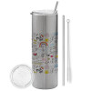 Tumbler stainless steel Silver 600ml, with metal straw & cleaning brush