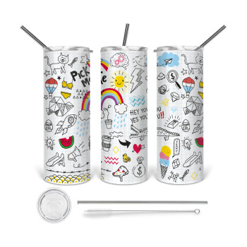 Doodle kids, 360 Eco friendly ποτήρι θερμό (tumbler) από ανοξείδωτο ατσάλι 600ml, με μεταλλικό καλαμάκι & βούρτσα καθαρισμού