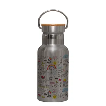 Doodle kids, Stainless steel metallic thermos flask, silver with a bamboo lid, double-walled, 350ml.