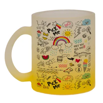 Doodle kids, Κούπα γυάλινη δίχρωμη με βάση το κίτρινο ματ, 330ml