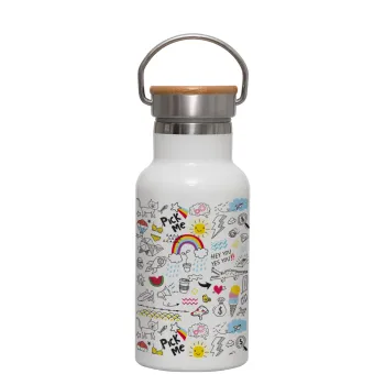 Doodle kids, Μεταλλικό παγούρι θερμός (Stainless steel) Λευκό με ξύλινο καπακι (bamboo), διπλού τοιχώματος, 350ml
