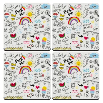 Doodle kids, ΣΕΤ 4 Σουβέρ ξύλινα τετράγωνα (9cm)