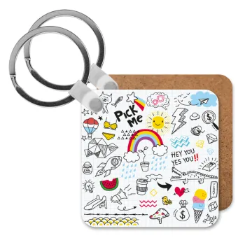 Doodle kids, Μπρελόκ Ξύλινο τετράγωνο MDF