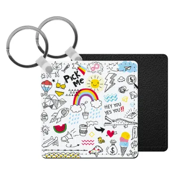 Doodle kids, Μπρελόκ Δερματίνη, τετράγωνο ΜΑΥΡΟ (5x5cm)