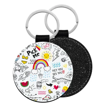 Doodle kids, Μπρελόκ Δερματίνη, στρογγυλό ΜΑΥΡΟ (5cm)