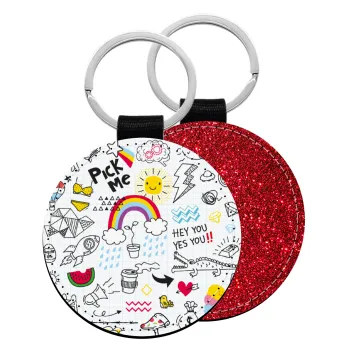 Doodle kids, Μπρελόκ Δερματίνη, στρογγυλό ΚΟΚΚΙΝΟ (5cm)