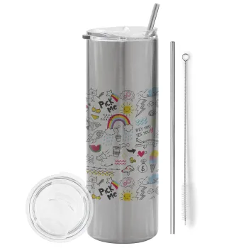 Doodle kids, Tumbler stainless steel Silver 600ml, with metal straw & cleaning brush