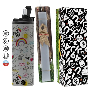 Doodle kids, Πασχαλινή Λαμπάδα με Travel Tumbler θερμό (600ml, BPA free) & κερί αρωματικό πλακέ (30cm) (ΓΚΡΙ)