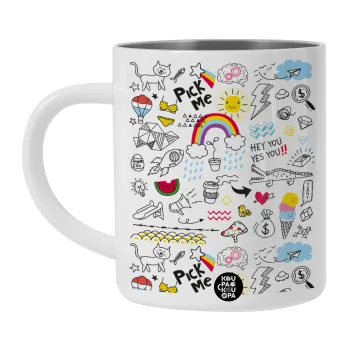 Doodle kids, Λευκή Ανοξείδωτη Μεταλλική Κούπα 450ml - Διπλού Τοιχώματος 