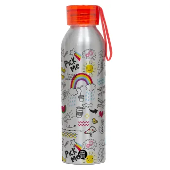 Doodle kids, Αλουμινένιο Αθλητικό Μπουκάλι 650ml – Ασημί με Κόκκινο Καπάκι και Λουράκι Σιλικόνης