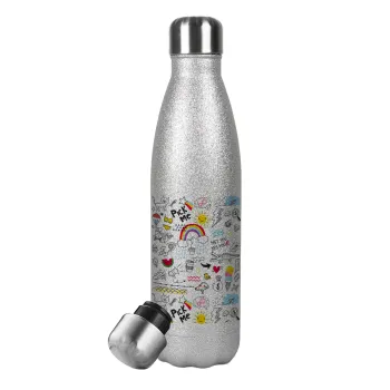 Doodle kids, Metallic Glitter Silver Thermos Flask (Stainless steel), double-walled, 500ml