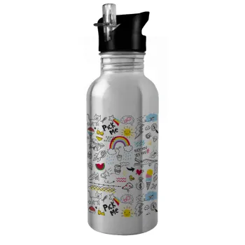 Doodle kids, Water bottle Silver with straw, stainless steel 600ml