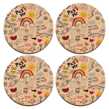 Doodle kids, ΣΕΤ x4 Σουβέρ ξύλινα στρογγυλά plywood (9cm)