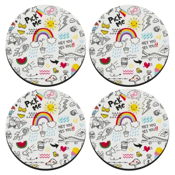 Doodle kids, SET of 4 round wooden coasters (9cm)