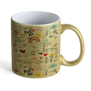 Doodle kids, Κούπα Χρυσή Glitter που γυαλίζει, κεραμική, 330ml