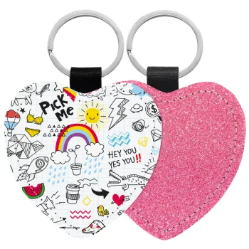 Doodle kids, Μπρελόκ PU δερμάτινο glitter καρδιά ΡΟΖ