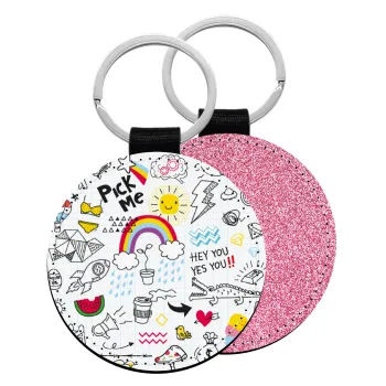 Doodle kids, Μπρελόκ Δερματίνη, στρογγυλό ΡΟΖ (5cm)