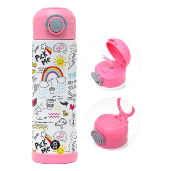 Doodle kids, Children's hot water bottle, stainless steel, with safety straw, PINK (500ml)