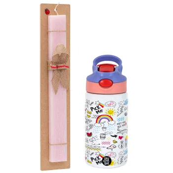 Doodle kids, Easter Set, Children's thermal stainless steel water bottle with safety straw, pink/purple (350ml) & Easter scented flat candle (30cm) (PINK)